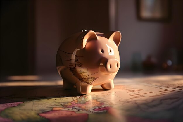 Pink piggy bank on the world map Generative AI 3