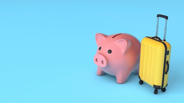 Pink piggy bank and yellow suitcase on blue background Vacation money saving concept Budget tourism