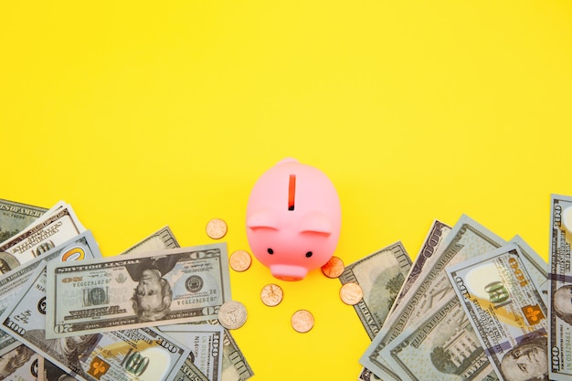 pink piggy bank on a yellow.