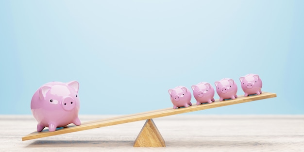 Pink piggy banks balancing on seesaw 3d illustration