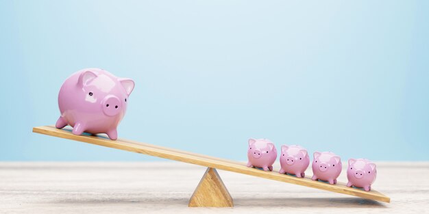 Pink piggy banks balancing on seesaw 3d illustration