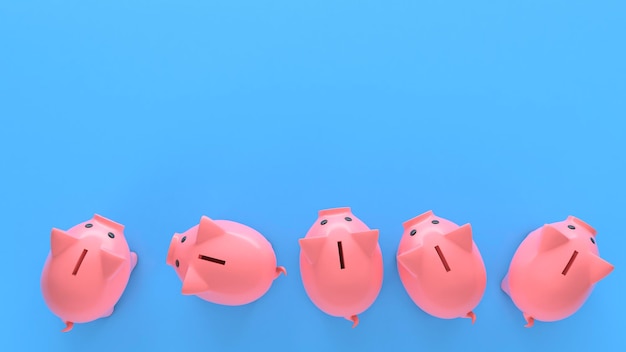 Pink piggy banks on a blue background Copy space for text 3d render