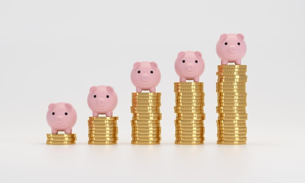 金貨のスタック上のピンクの貯金箱 お金の節約と財務計画のコンセプト