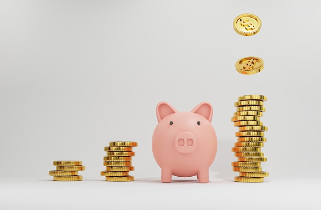 創造的な経済的節約とコピースペース、3Dレンダリングを備えた預金コンセプトのためにドロップするゴールデンコインと積み重ねられた増加コインの間のピンクの貯金箱。