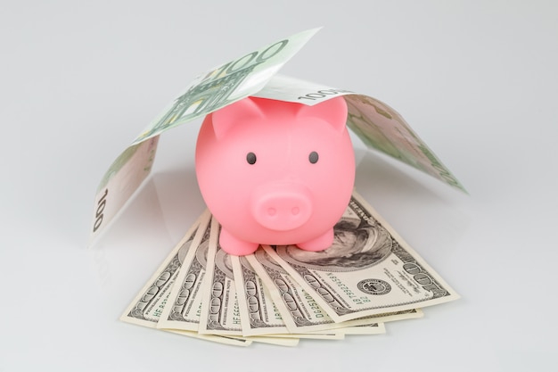 Pink piggy money box in pile of dollar and euro banknotes