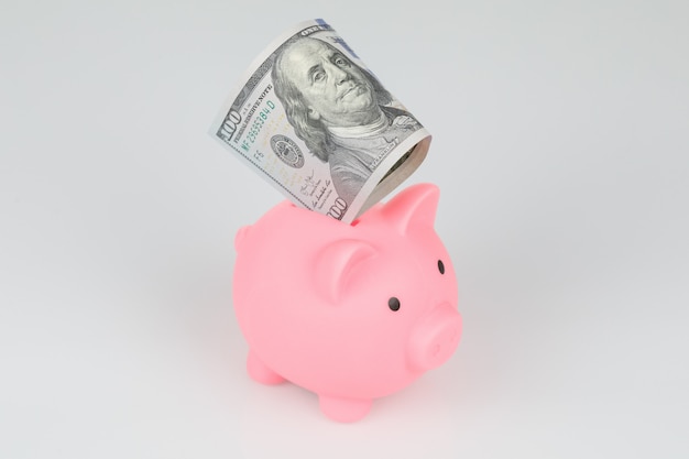 Pink piggy money box with 100 dollars banknote, crisis saving concept