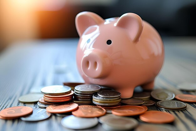 A pink piggy sitting on top of a pile of coins