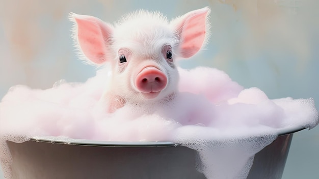 a pink piglet is washing in the bathtub