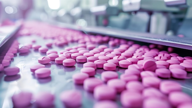 Photo pink pills on conveyor belt