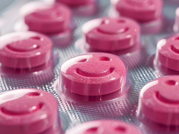 Photo pink pills with smiley faces on them in a pack