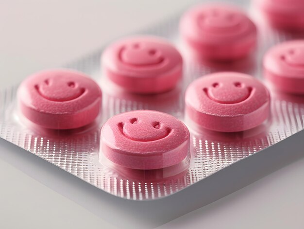 Pink pills with smiley faces on them in a pack