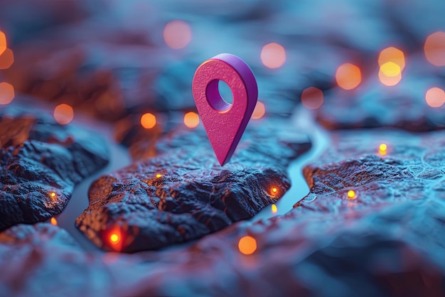 Photo pink pin with a map of a rocky area with a glowing background the dot is a marker for a location