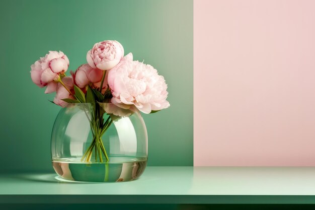 緑とピンクの壁の向かいの空のテーブルにガラスの花瓶にピンクのピオーネ