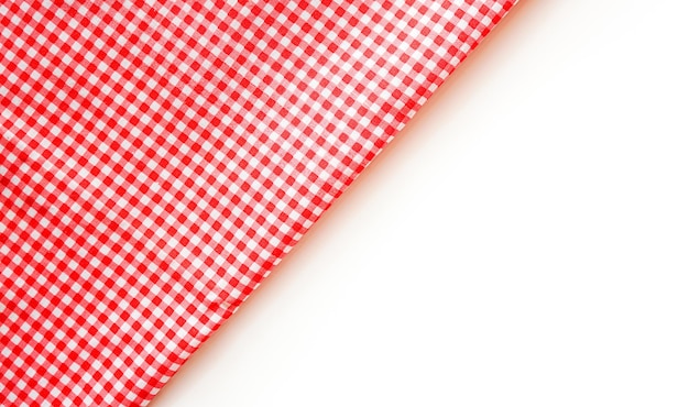 Pink plaid fabric or tablecloth on white background with copy space