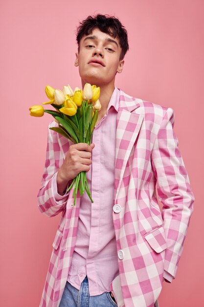 in a pink plaid jacket a bouquet of flowers romance. High quality photo