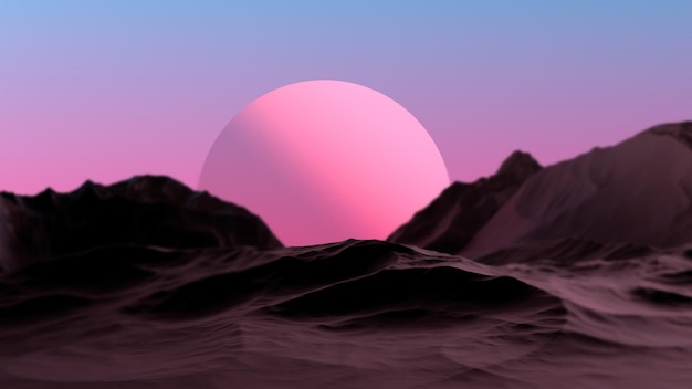 Pink planet on the horizon among mountains in blur Fantastic twilight landscape of mountains and a planet 3D render