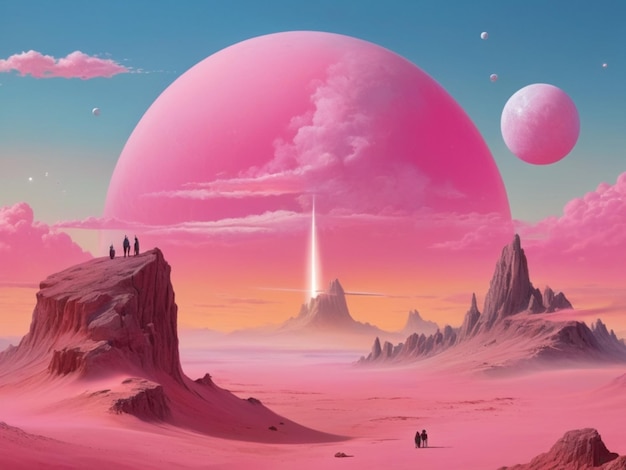 Photo a pink planet with a planet in the background