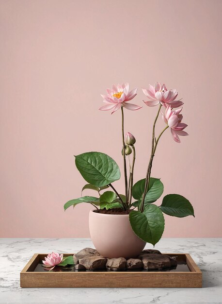 a pink plant in a pink pot on a marble table