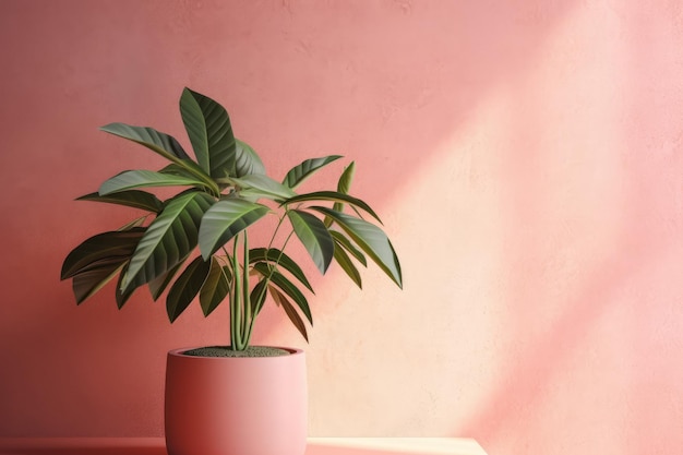 A pink plant on a table with a pink wall behind it.
