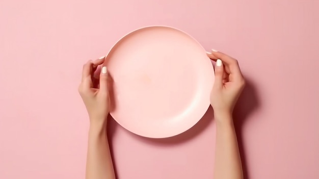 A pink plate is held up in front of a pink background.