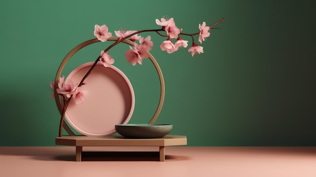 A pink plate with a branch of flowers on it