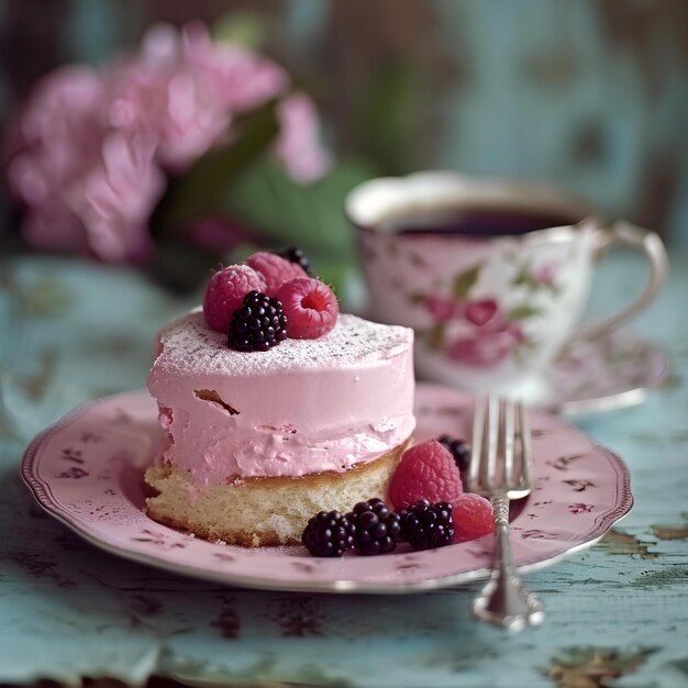 A pink plate with cake