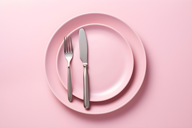 Pink plate with a knife and fork on it