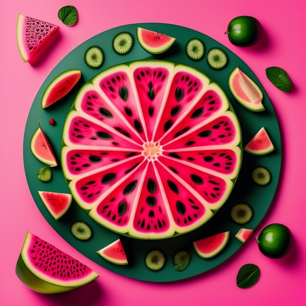 A pink plate with a slice of watermelon on it