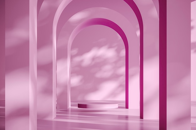 Piattaforma rosa su scena di mockup di sfondo ad arco astratto per la presentazione del prodotto