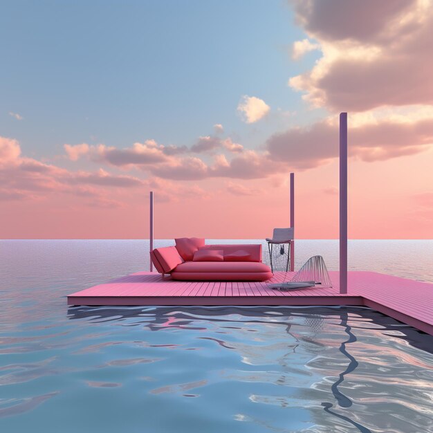 Pink platform floating on water with pink couch and chair