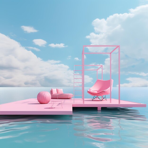 Photo pink platform floating on water with pink furniture and blue sky