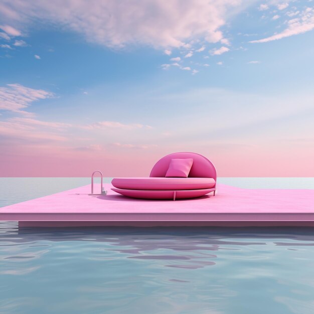 Pink platform floating on water with pink lounge chair