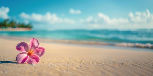 A pink plumeria flower lies on a sandy beach with azure waters in the background