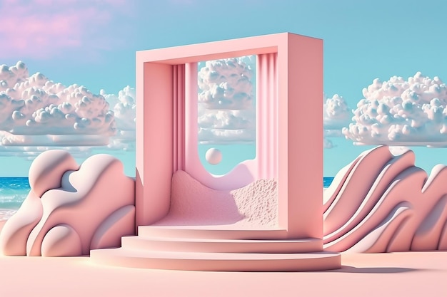 A pink podium and arch view in the summer pink sky Generative AI