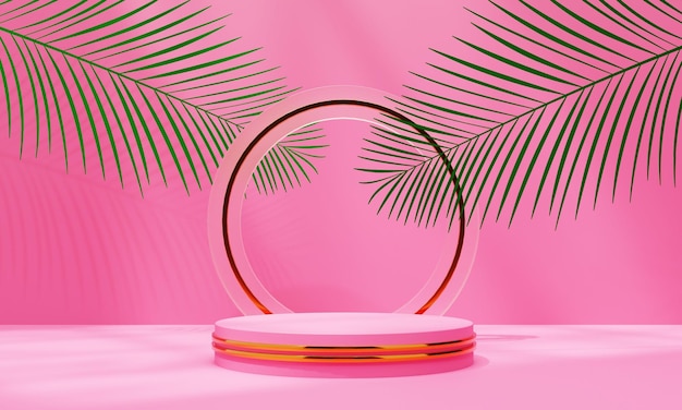Pink podium background with palm leaves and sunlight elements 3D rendering illustration