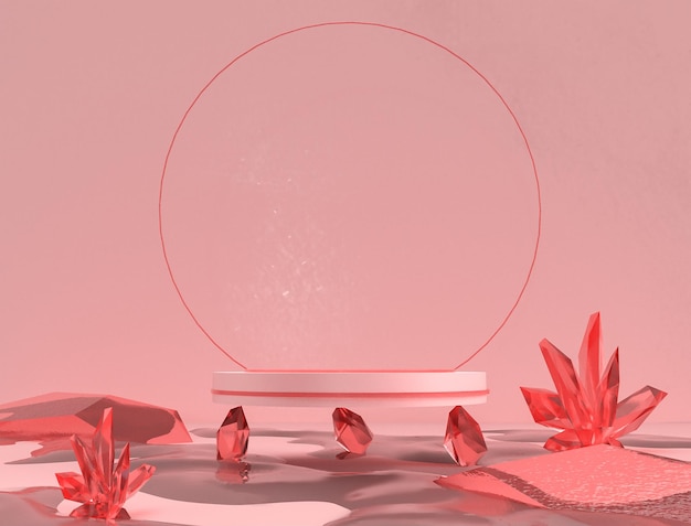 Il podio rosa e i bastoncini di cristallo sullo sfondo astratto della scena rosa per il podio rosa 3d