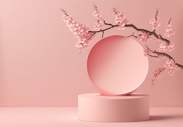 Photo pink podium display sakura pink flower background cosmetic or beauty product promotion step floral