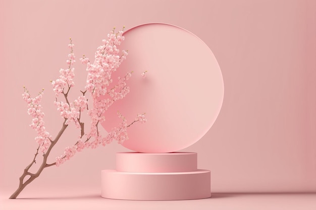 Photo pink podium display sakura pink flower background cosmetic or beauty product promotion step floral