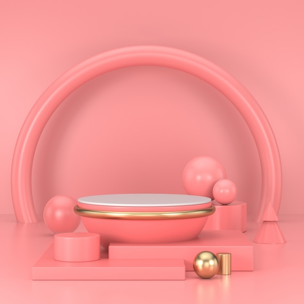 Pink podium minimal. Pink wall scene. Pastel. 3d rendering.