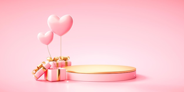 Pink podium pedestal product stand gift box gold ribbon and heart balloon on pastel pink background