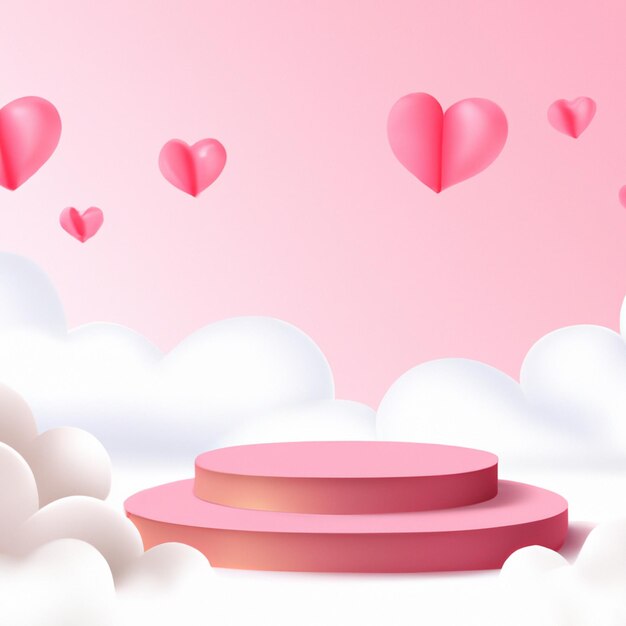 Pink podium pedestal with 3d pink pastel heart and cloud create with generative ai technology.