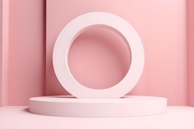 A pink podium for product presentation on pink wall