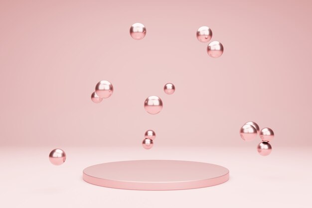 Podio rosa per la presentazione del prodotto con bolle metalliche scena di rendering 3d in calmi colori pastello