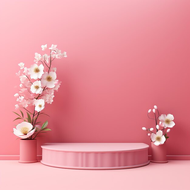 ピンクの平らな背景と白い花の装飾のプロモーションバナーのためのピンクのポディウム