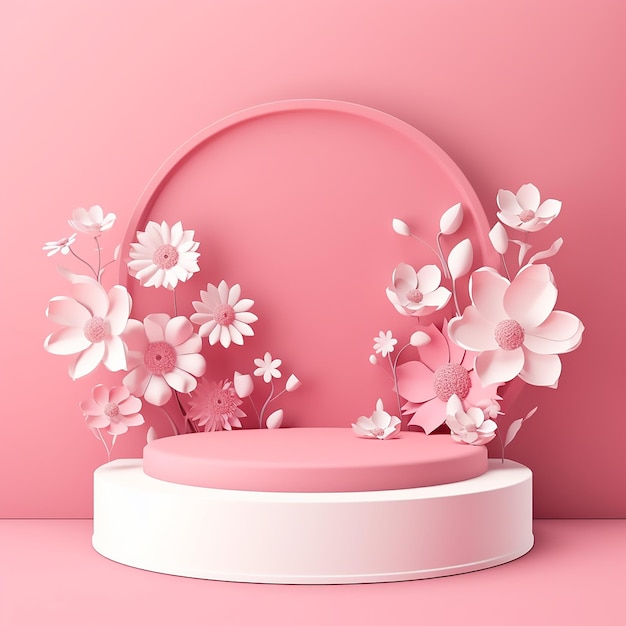 Pink podium for promotion banner with pink flat background with white flower ornament on side