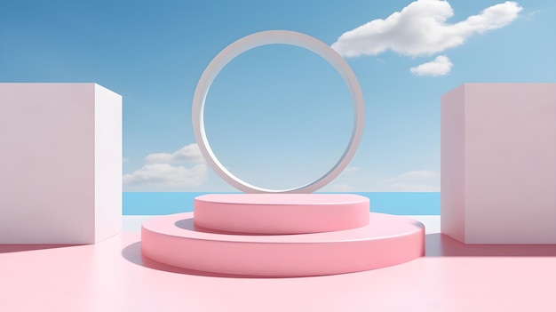 Pink podium stage stand for product placement on a sky and ocean background 3d render