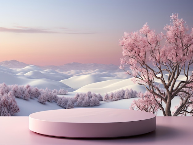 Photo pink podium stands in a snowy landscape under a pink sky accompanied by a cherry blossom tree