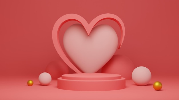 Pink podium with background for product presentation, copy space. 3d rendering. Valentine concept.