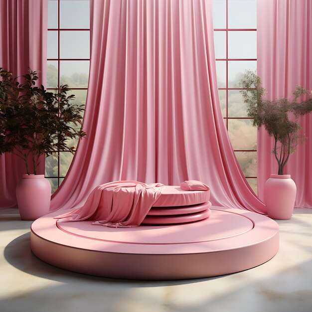 Photo pink podium with curtain displaying luxury cosmetics on a geometric pedestal ai image