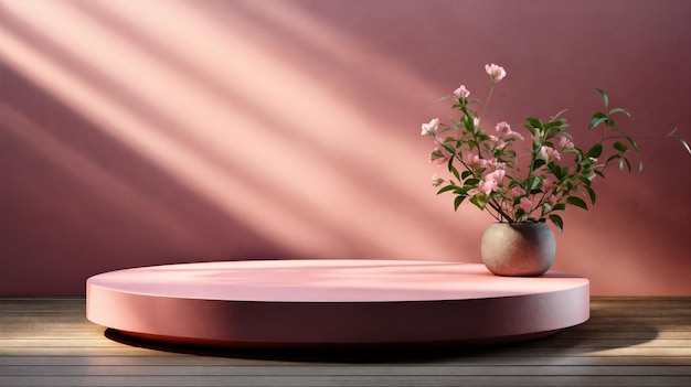 Pink podium with flowers on pink background 3d render AI Generative